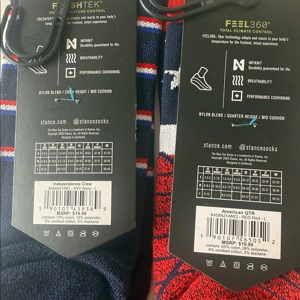 Stance Performance Socks. 2 Pairs. American / Patriotic. Size Large.